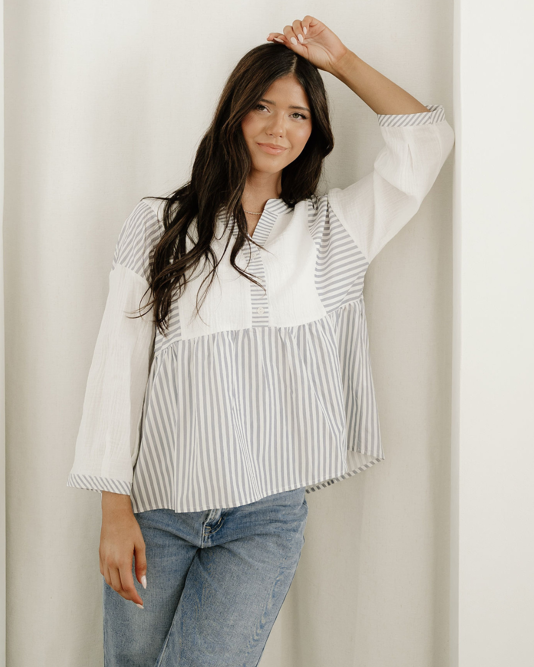 Morgan Half Button Gauze Patchwork Bracelet Sleeve Babydoll Blouse