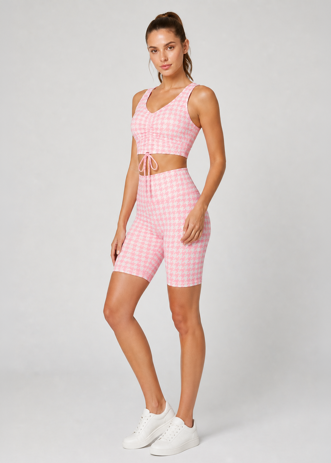 Houndstooth Cinched Drawstring Crop Top Made in USA