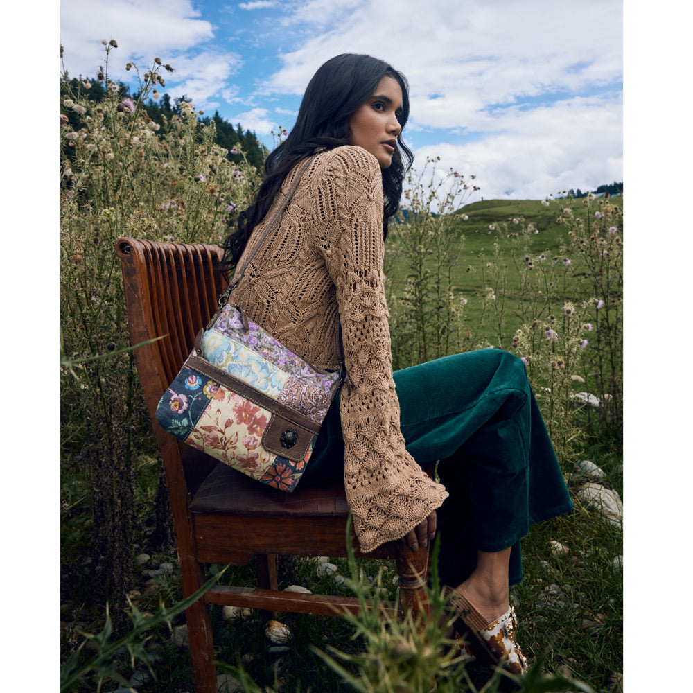 Myra La Fleur Patchwork Crossbody Bag – Floral Canvas Panels, Brown Leather Accents, Boho Cowgirl Everyday Purse