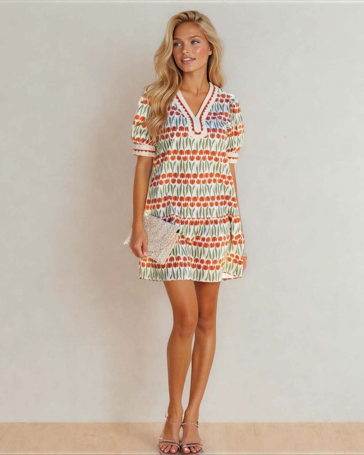 Malia Tulip Floral Print Cotton Puff Short Sleeve Mini Dress
