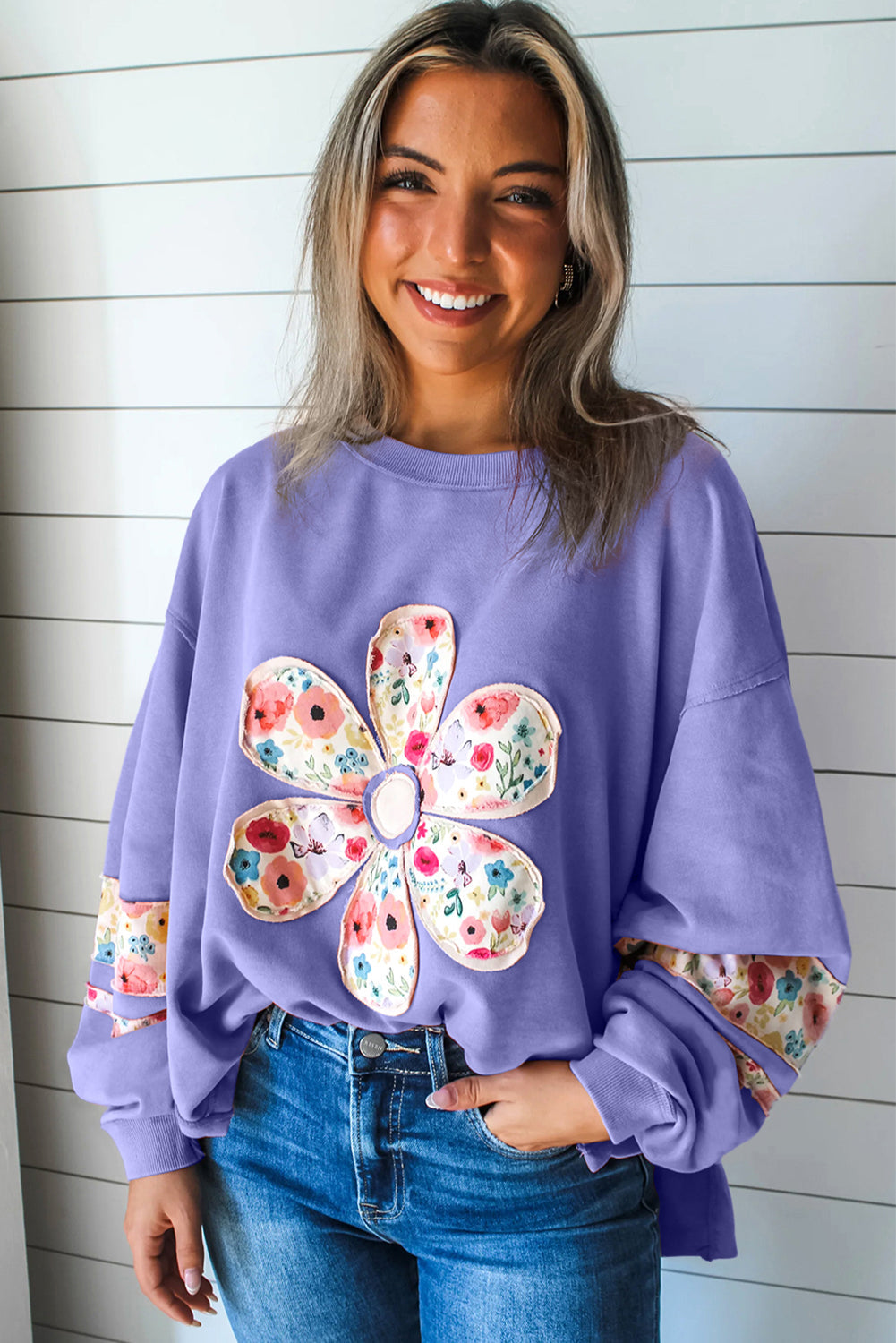 Flower Applique Patchwork Drop Sleeve Pullover Sweatshirt