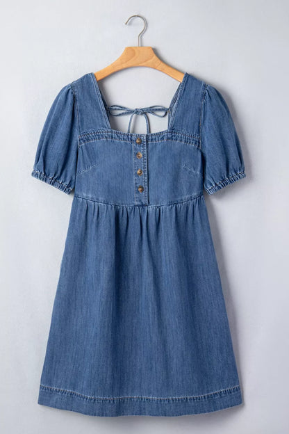 Button-Front Puff Sleeve Denim Dress