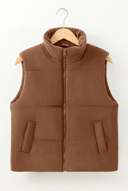 Scottie Solid Color Corduroy Puffer Vest Coat - Coffee