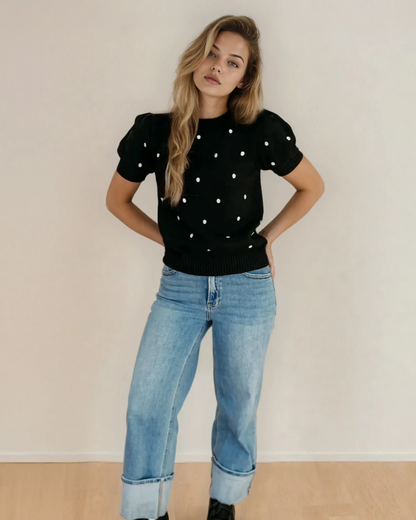 River Polka Dot Bubble Short Sleeve Sweater - Black