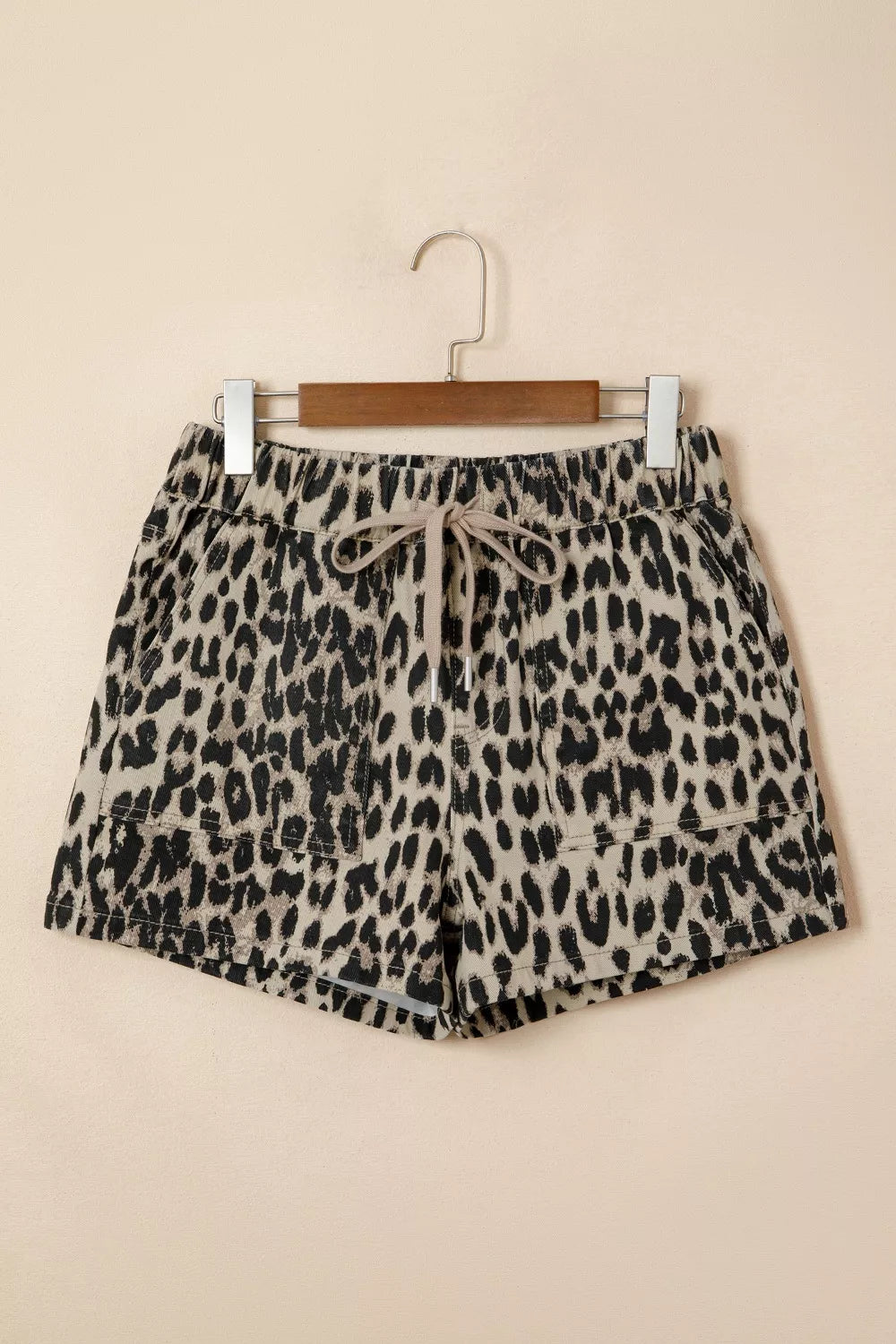 Leopard Print Lace-up Elastic Waistband Mid Rise Denim Shorts