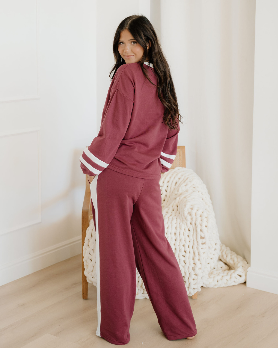 Jordyn Varsity Stripe  Drawstring Wide Leg Pant Set - Mineral Red