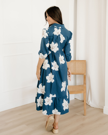 Winslet Floral Shirt Collar V Neck 3/4 Sleeve Shift Midi Dress