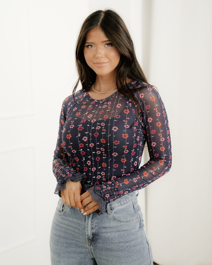 Samantha Floral Print Smocked Cuff Slim Fit Mesh Bodysuit