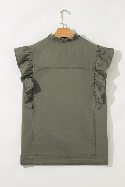 Margot Ruffle Plain Denim Jacket Vest - Green