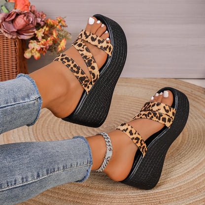 Leopard Open Toe Wedge Sandals