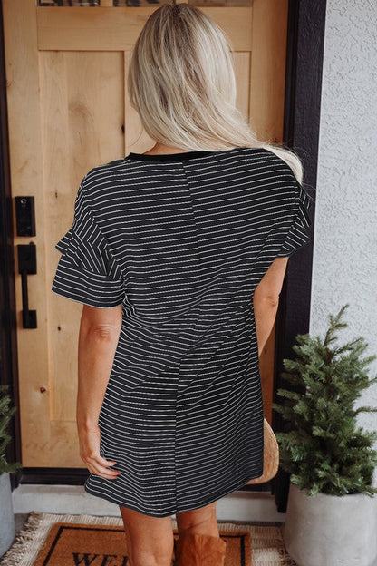 Stripe Ruffled Short Sleeve T Shirt Shift Dress