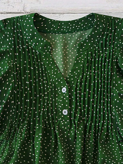 Polka Dot Notched Ruffled Cap Sleeve Blouse