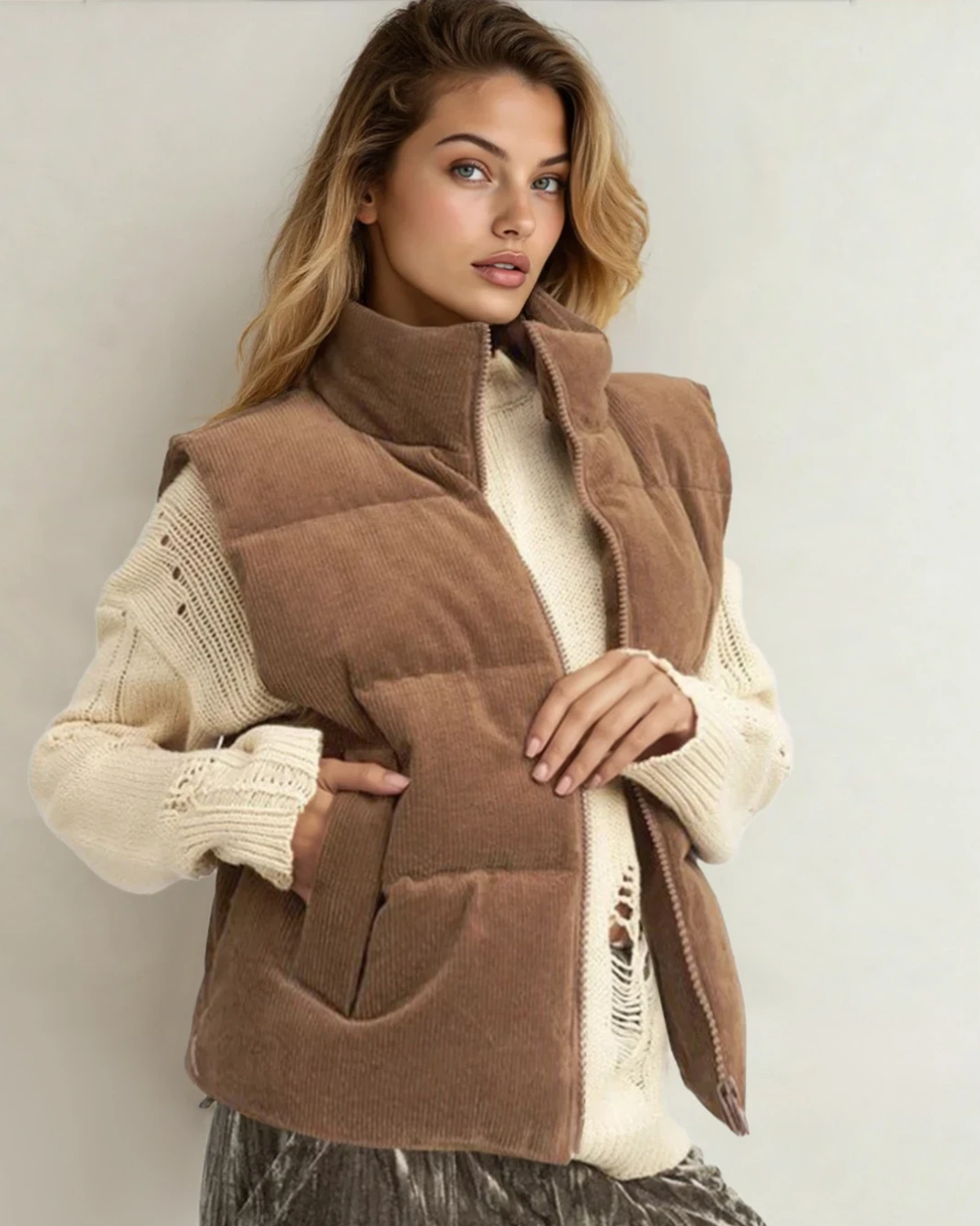 Scottie Solid Color Corduroy Puffer Vest Coat - Coffee