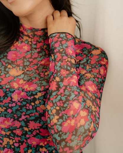 PREORDER Summer Slim Fit Floral Mesh Long Sleeve Mock Neck Top - Rose