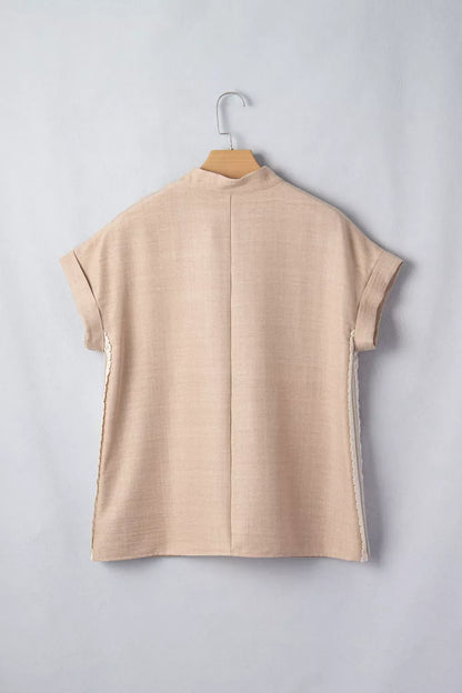Crochet Lace Accent Pullover Rolled Short Sleeve Blouse