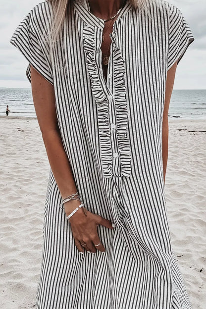Striped Ruffle Button Front Maxi Dress