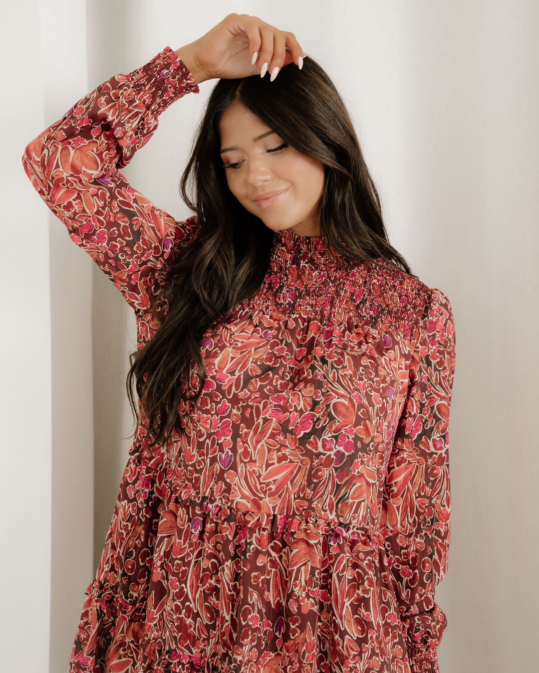 Lilith Long Sleeve Shirred High Neck Loose Mini Dress
