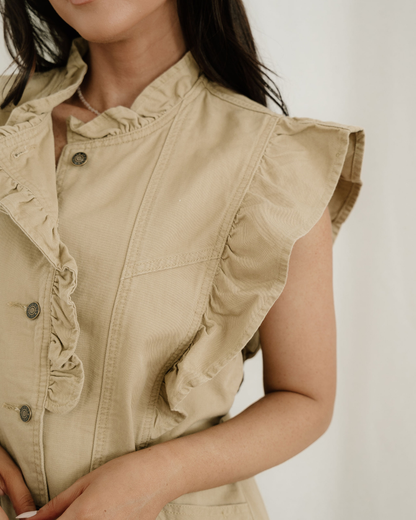 Margot Ruffle Plain Denim Jacket Vest - Khaki