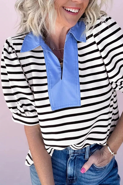 Striped Puff Sleeve Blouse with Contrast Collar