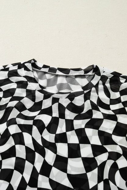 Sheer Checkered Mock Neck Mesh Short Sleeve