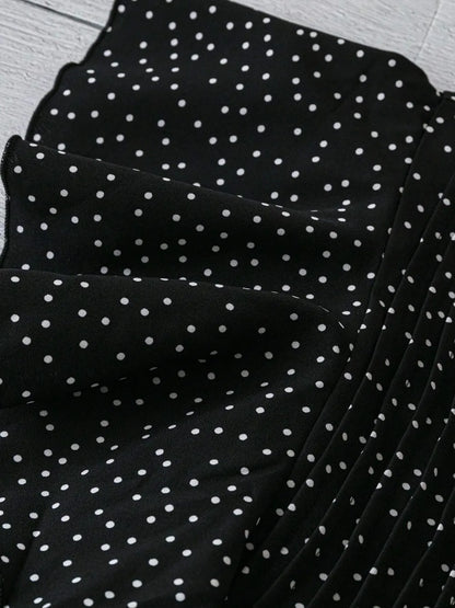 Polka Dot Notched Ruffled Cap Sleeve Blouse