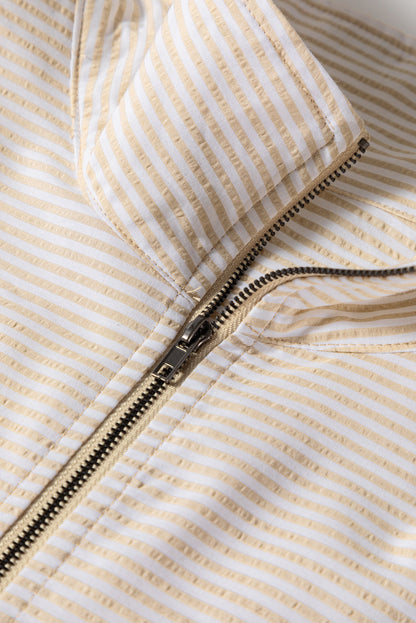 Khaki Stripe Mix Half Zip French Terry Plus Size Sweatshirt