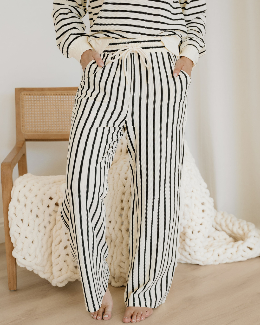 Talia Stripe Ruffle Trim Drop Shoulder Top Drawstring Loose Pant Set