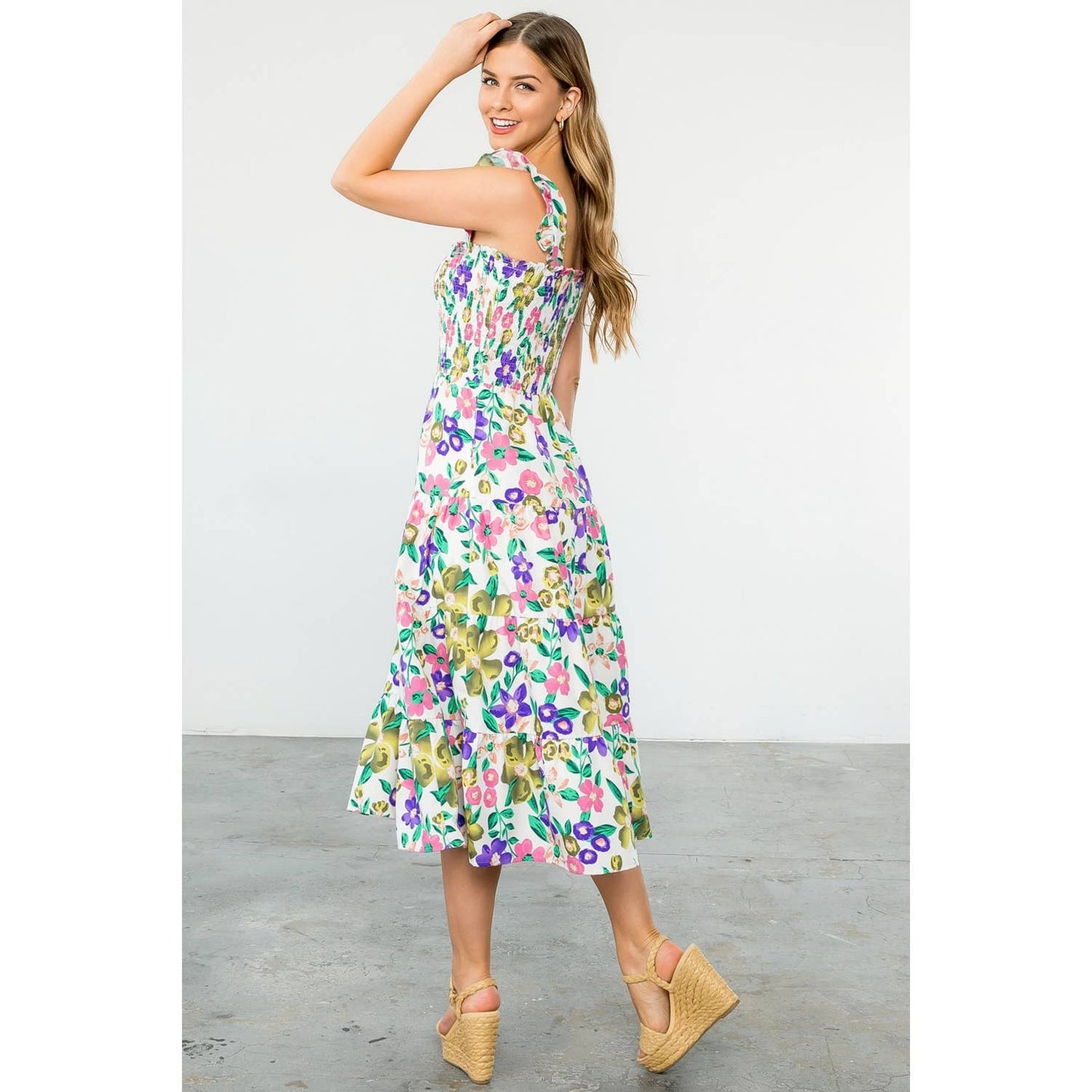 SUZY- Flower Smocked Midi Dress