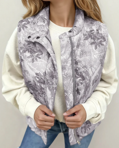 Tessa Camo Leaf Print Winter Puffer Vest - Gray