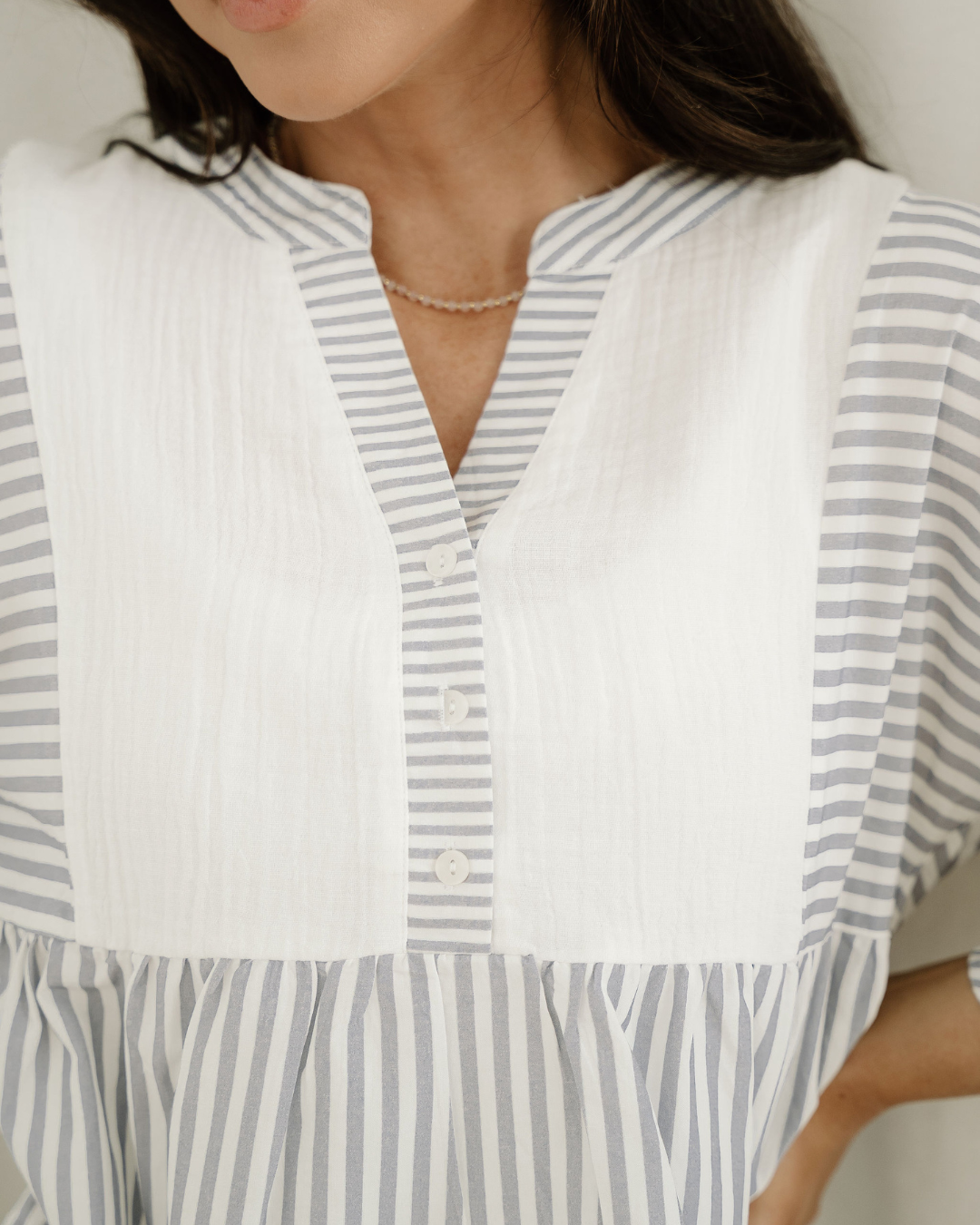 Morgan Half Button Gauze Patchwork Bracelet Sleeve Babydoll Blouse