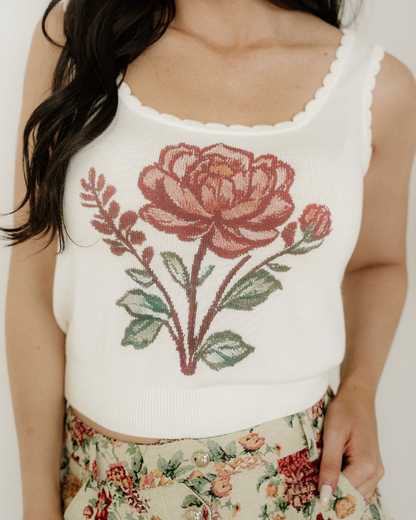 Kahlani Retro Floral Print Scalloped Square Neck Knit Sweater Vest
