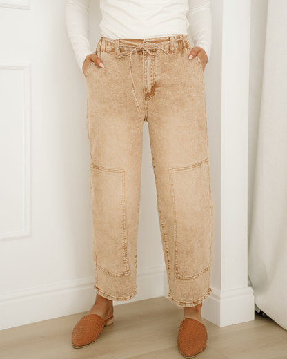 Shiloh Acid Wash Barrel Fit Denim Pants with Waist String - Sand