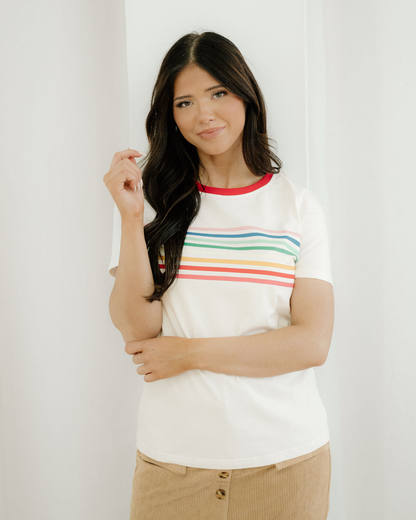 Melanie Rainbow Stripe Print Crewneck T Shirt
