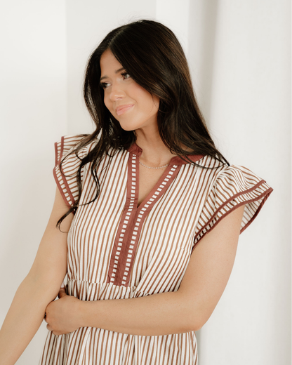 Nyla Double Ruffled Short Sleeve Contrast Trim V Neck Midi Dress - Brown