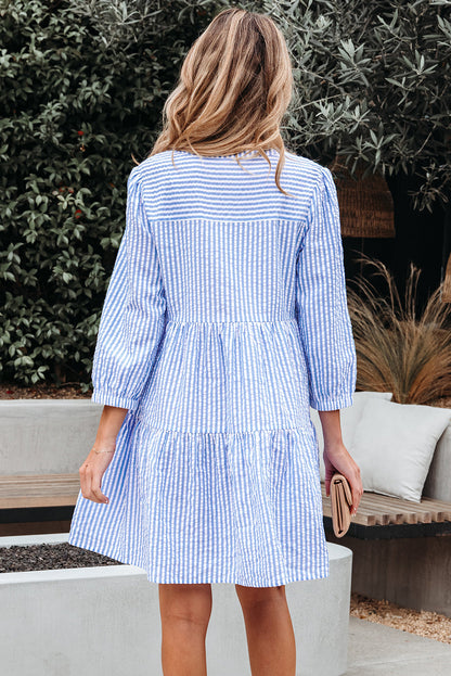 Kaia Stripe Bracelet Sleeve Tiered Dress with Pockets