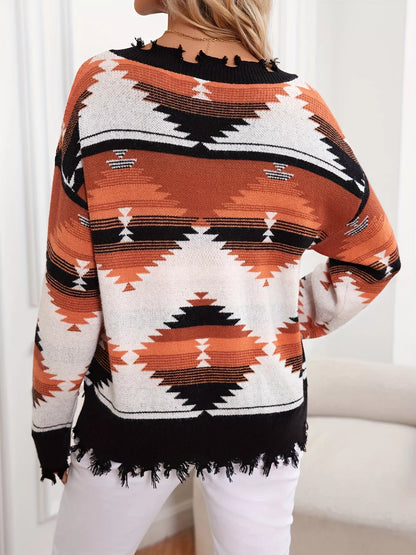 Geometric Frayed Hem V-Neck Long Sleeve Sweater 4 Color Options