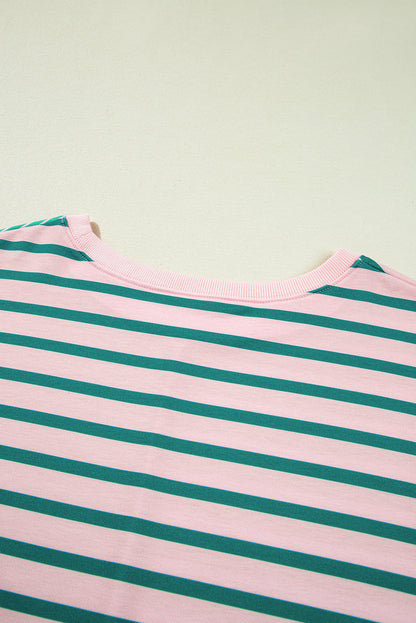 Green Stripe Color Block Exposed Seam Side Slit Plus Size Sweatshirt