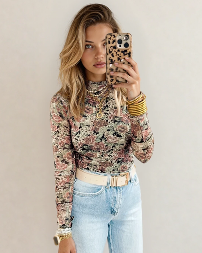 Ophelia Retro Floral Print Mock Neck Mesh Long Sleeve Top - Black
