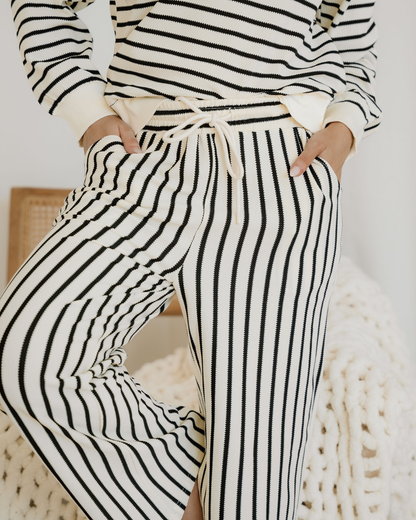 Talia Stripe Ruffle Trim Drop Shoulder Top Drawstring Loose Pant Set