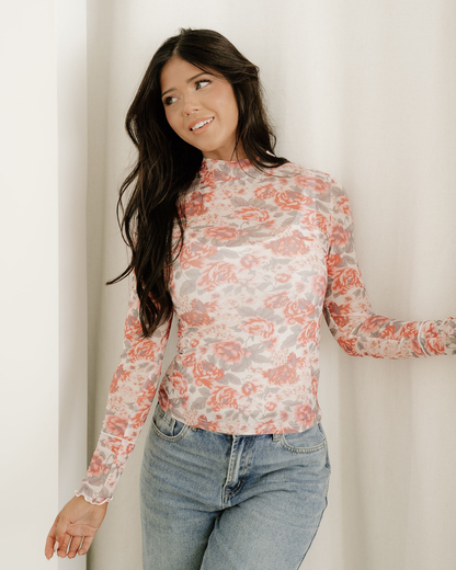 Ophelia Retro Floral Print Mock Neck Mesh Long Sleeve Top - White