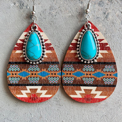 Turquoise Teardrop Shape Wooden Dangle Earrings - 3 Styles