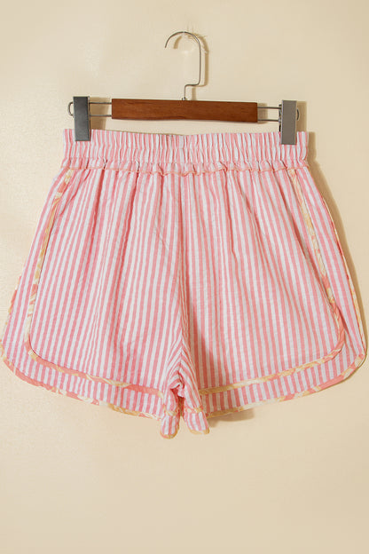 Light Pink Floral Trim Ribbon Knot Striped Casual Shorts