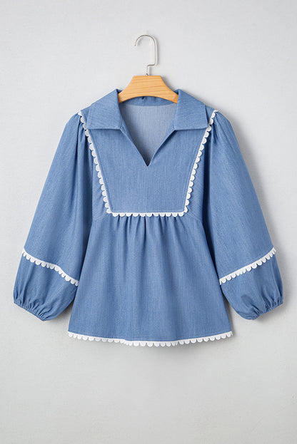 Nevaeh Lace Ric Rac 3/4 Puff Sleeve Collared Babydoll Blouse