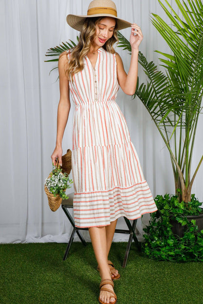 Soleil- Summer- Striped 100% Cotton Tired Midi Dress