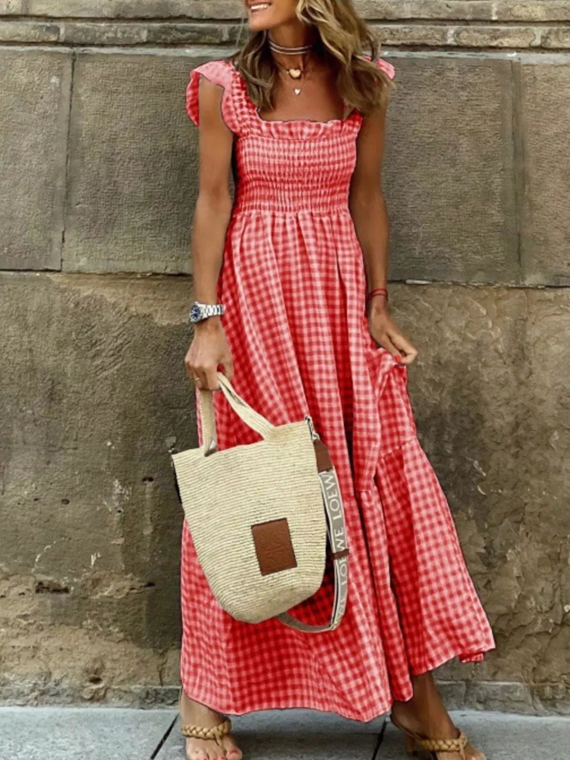 Full Size Gingham Smocked Ruffle Maxi Dress Plus Size