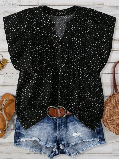 Polka Dot Notched Ruffled Cap Sleeve Blouse
