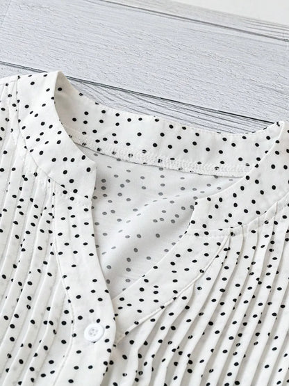 Polka Dot Notched Ruffled Cap Sleeve Blouse