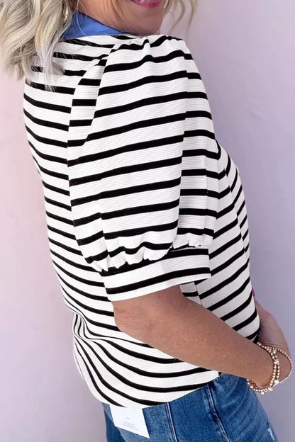 Striped Puff Sleeve Blouse with Contrast Collar