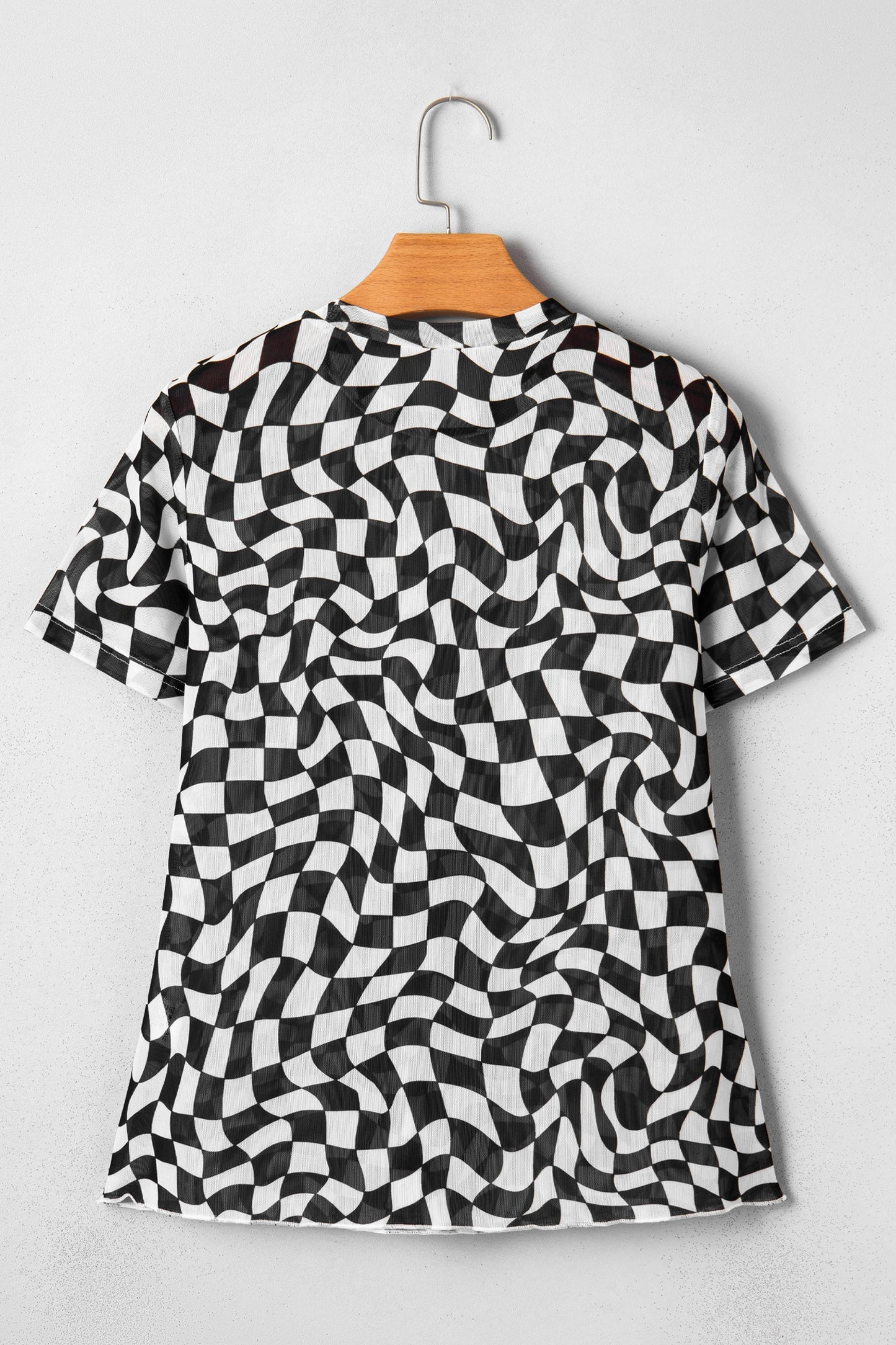 Sheer Checkered Mock Neck Mesh Short Sleeve