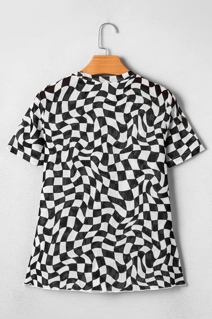 Sheer Checkered Mock Neck Mesh Short Sleeve